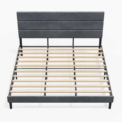 WLIVE King Size Upholstered Bed Frame, Velvet Square Tufted Headboard, Sturdy Metal & Wooden Slats Support, No Box Spring Needed, Light Grey