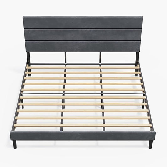 WLIVE King Size Upholstered Bed Frame, Velvet Square Tufted Headboard, Sturdy Metal & Wooden Slats Support, No Box Spring Needed, Light Grey