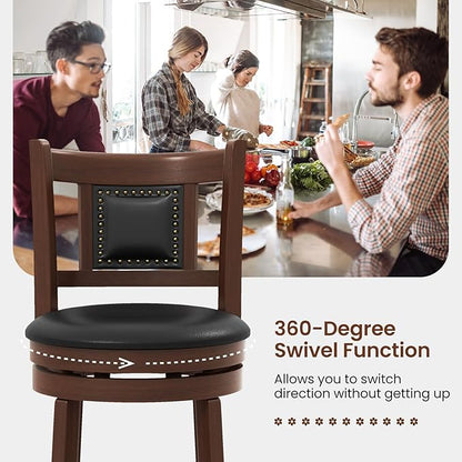COSTWAY Bar Stools Set of 2, 30.5” Swivel Upholstered Bar Height Bar Stool with Curved Backrest & Cushioned Seat, Solid Rubber Wood Legs & Resting Footrest, for Kitchen Island (2, 30.5”)