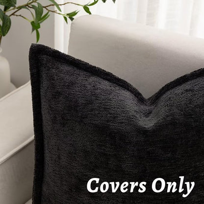 Black Decorative Throw Pillow Covers 24x24 Inch Set of 2 Cozy Soild Chenille Cushion Cases Soft Textured Square Couch Pillows Cover Boho Accent Farmhouse Pillowcases for Sofa Bed