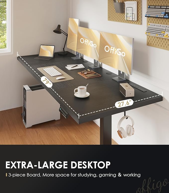 OffiGo Electric Standing Desk with 3-Piece Board, 79 Inch Height Adjustable Large Desk with Power Outlets, Sit Stand Table, Writing Computer Desk for Home, Office, Workstation, Black