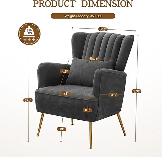 Living Room Chairs Chenille Accent Armchair with Lumbar Pillow&Gold Leg, 8.5" Thick Cushion, Mid Century Modern High Wingback Bedroom Chairs Upholstered Comfy Sofa Arm Chair, Grey