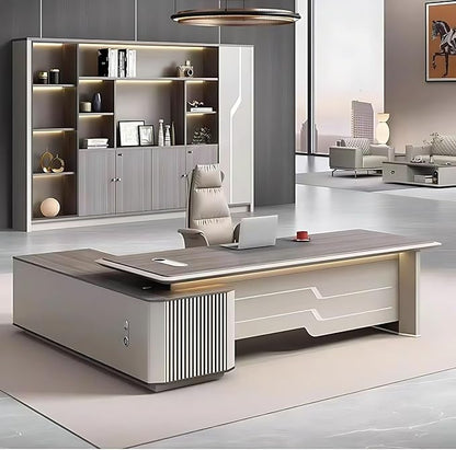 94IN Executive Office Desk - Large Office Desk L Shaped Computer Desk with 2 Drawers & Grille Design | Thickened Countertop & Large Capacity Side Cabinet Storage & Metal Cabinet Handle