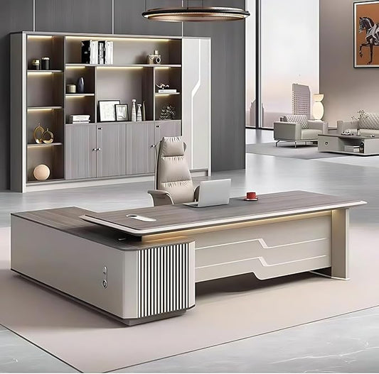 86IN Executive Office Desk - Large Office Desk L Shaped Computer Desk with 2 Drawers & Grille Design | Thickened Countertop & Large Capacity Side Cabinet Storage & Metal Cabinet Handle