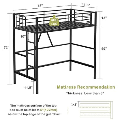 VECELO Metal Loft Bed Twin Size, Heavy Duty Bedframe with Removable Ladder and Safety Guardrail, Space-Saving, Noise Free, No Box Spring Needed, Matte Black