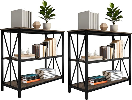Lavish Home 3-Tier Industrial Bookshelf - Freestanding Open Bookcase for Home or Office Organization and Storage - Book Organizer (Brown Woodgrain)