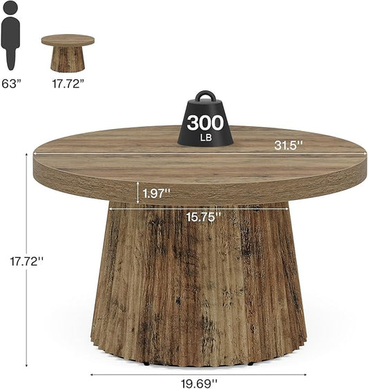 Tribesigns Coffee Table, 31.5" Small Farmhouse Round Coffee Tables with Fluted Drum Base, Mid Century Modern Boho Accent Center Table for Living Room, Apartment, Small Space, Brown