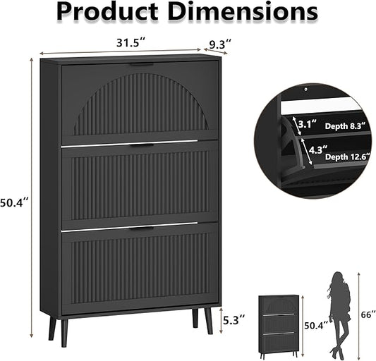 Shoe Cabinet for Entryway with 3 Flip Drawers, Slim Wooden Shoe Storage Organizer with Modern Fluted Pannel，Freestanding Narrow Hidden Shoe Rack for Hallway, Foyer, Living Room
