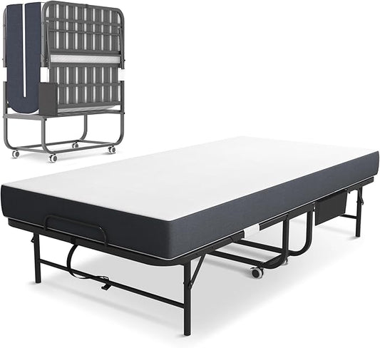Folding Bed with Mattress for Adults, 75" x 31" Foldable Bed with Side Pocket, Twin Size Metal Bed Frame with Wheels, Portable Rollaway Bed for Guest, Travel