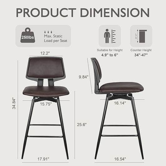VECELO Swivel Leather Bar Stools Set of 4, Counter Height Barstools with Back, Metal Legs, 35.2-Inch Tall Barstools for Kitchen Island, Home Bar, Cafe, Brown