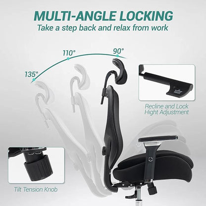 450 LBS Big and Tall Office Chair, Heavy Duty Executive Chair w/4D Arms, Ergonomic Computer Home Desk Chair, Swivel Mesh Chair w/2D Lumbar Support, Adjustable Headrest, Tilt Lock-Black