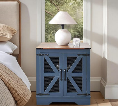 White Farmhouse End Table with Charging Station, 24" Wood Sofa Side Table with Mesh Barn Door, Nightstand with Adjustable Storage Shelf for Living Room, Square