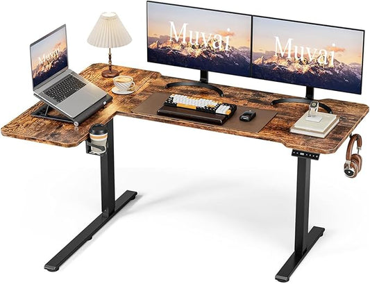 59 Inch L Shaped Standing Desk Adjustable Height, Electric Corner Standing Desk, Sit Stand Computer Table with Reversiable Splice Board, Rustic Brown