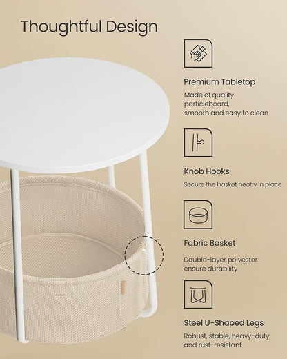 VASAGLE LILEA Collection - Small Round Side End Table, Modern Nightstand with Fabric Basket, for Living Room, Bedroom, Set of 2, Matte White and Camel Brown ULET225WG01S