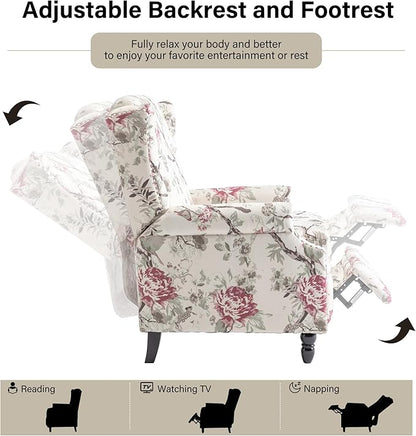 Recliner Chair, Upholstered Wingback Floral Pushback Armchair with Adjustable Backrest & Footrest, Comfy Accent Chair for Small Spaces, Living Room, Bedroom-Plants Floral, Set of 1