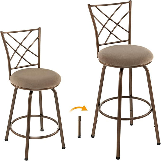 COSTWAY Bar Stools for Kitchen Island, 24/30 Inch Adjustable Seat Height Swivel Barstools, Plush Fabric Cushioned Seat & Cozy Backrest, Extra Leg Tubes for Height Adjustment, for Kitchen, Bar (2)