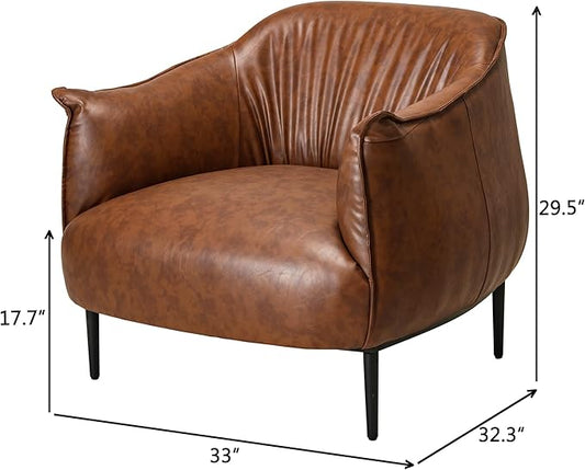 KINWELL 33" W Faux Leather Barrel Chairs Set of 2 with Hand-Tufted Pleated Back Flared Arms, Modern PU Upholstered Accent Chairs with Metal Legs, Large Armchairs Lounge Chairs for Living Room, Brown