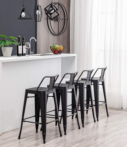 HAOBO Home 30" Low Back Metal Counter Stool Height Bar Stools [Set of 4] for Indoor/Outdoor Barstools, Matte Black