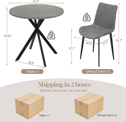 31.5" Round Dining Table and Chairs Set for 2, Small Dining Table Chairs Set Space-Saving, Small Dinette Sets for 2 for Kitchen Dining Room Apartment(Gray Table +Gray Chairs)