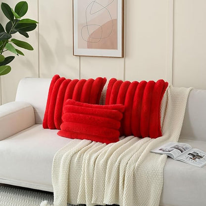 FUTEI Christmas Red Decorative Throw Pillow Covers 16x16 Inch Set of 2, Square Soft Faux Rabbit Fur Thick Striped Cushion Cover,Winter Home Decor for Couch Bed Living Room