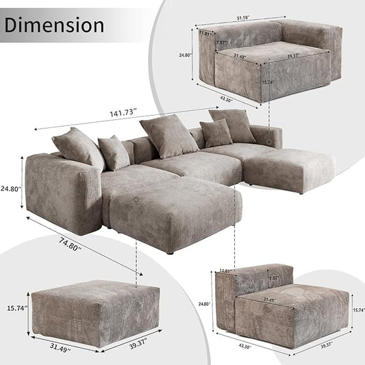 WJShome Cloud Couch Modular Sectional Sofa,141.73" U Shaped Sofa with 2 Ottomans,Brown Corduroy Couch 5 Seater,Convertible Sectional Sofa for Living Room,Cushion Covers Removable& Washable