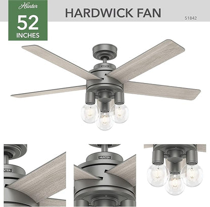 Hunter Fan Company, 51842, 52 inch Hardwick Matte Silver Ceiling Fan with LED Light Kit and Handheld Remote