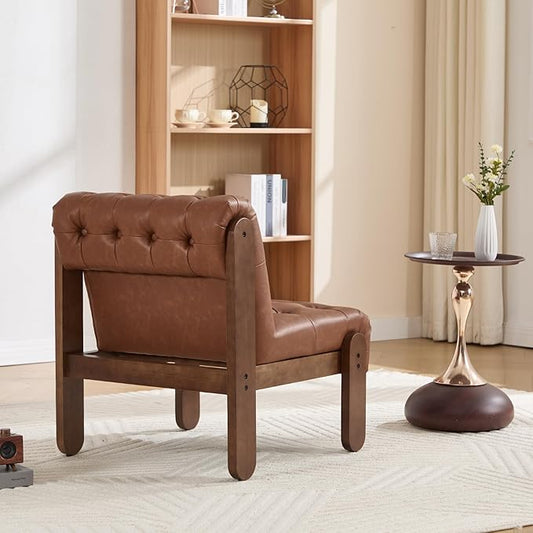 HEAH-YO Accent Chair Set of 2,Modern Vintage Living Room Chair for Bedroom with Button Tufted Back and Wood Legs,Upholstered Comfy Reading Chair for Makeup Vanity Cafe,PU Brown