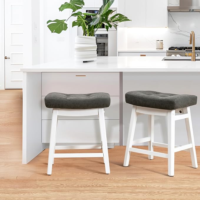 Counter Height Bar Stools Set of 3 for Kitchen Counter Farmhouse Modern Barstools with Faux Leather Upholstered Backless Seat and Solid Wood Legs 24 inch Bar Chairs, Grey + White