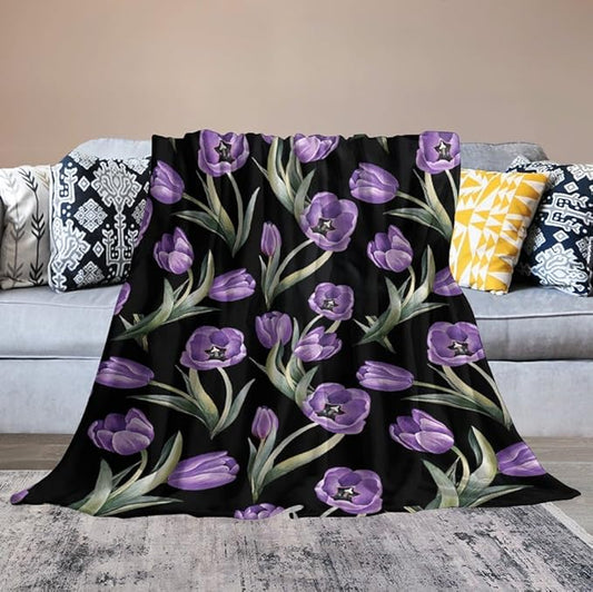 Purple Tulip Blanket Flower Gifts for Girls Women Tulip Floral Throw Blanket for Kids Adults Soft Warm Cozy Fleece Blanket for Couch Sofa Bed 50"x60"