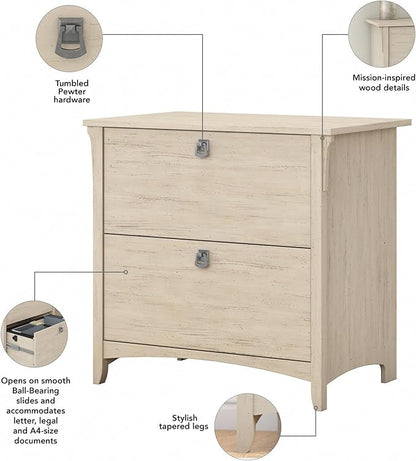Bush Furniture Salinas 2 Drawer Lateral File Cabinet in Antique White, Home Office Storage Solution, Organizer with Drawers for Workspace, Filing Unit