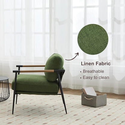 HEAH-YO Modern Accent Chair Set of 1, Upholstered Linen Fabric Living Room Chair with Backrests and Metal Legs, Comfy Reading Side Armchair for Bedroom, Green