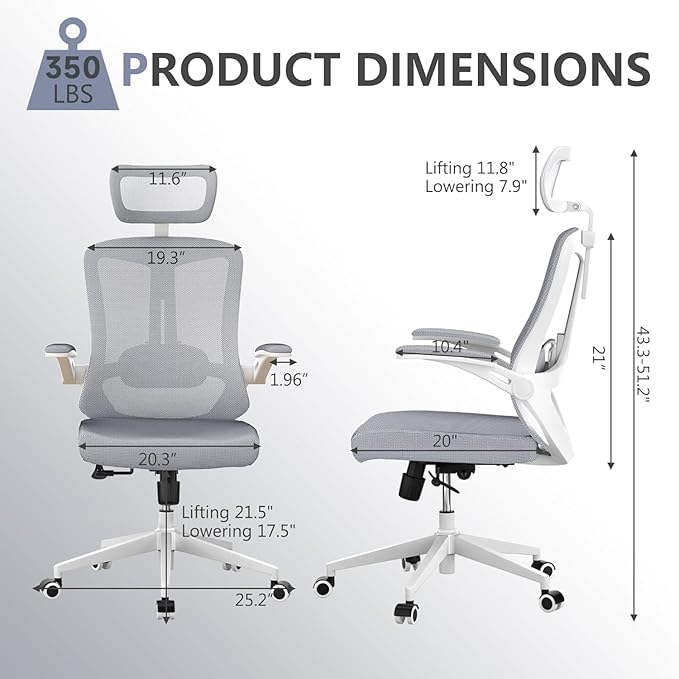 Office Chair,Ergonomic Comfy Home Desk Chair with 350LBS Capacity,High Back Gaming Chair with Wheels,Mesh Computer Chair,Lumbar Support, Adjustable Headrest,Flip-up Armrest