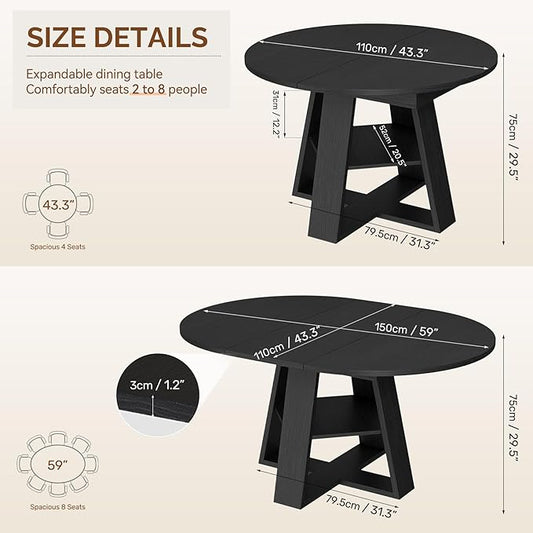 Aivermel 43.3‑59 in Extendable Oval Dining Table for 4‑6, Engineered Wood Round Dining Table with Hidden Extension Storage &Bottom Shelf, Space‑Saving Modern Kitchen Living Room Tables (Vintage Black)