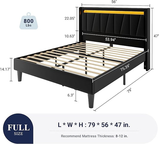 Allewie Full Size LED Bed Frame with Charging Station, Velvet Upholstered Platform Bed with Geometric Wingback Headboard, Modern Frame with No Box Spring Needed, Easy Assembly, Black