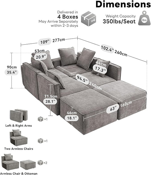 WILLOVE 141'' Modular Sectional Sofa, Chenille Cloud Couch with Wide Armrests & 6 Pillows, Deep Seat Couches for Living Room, Grey