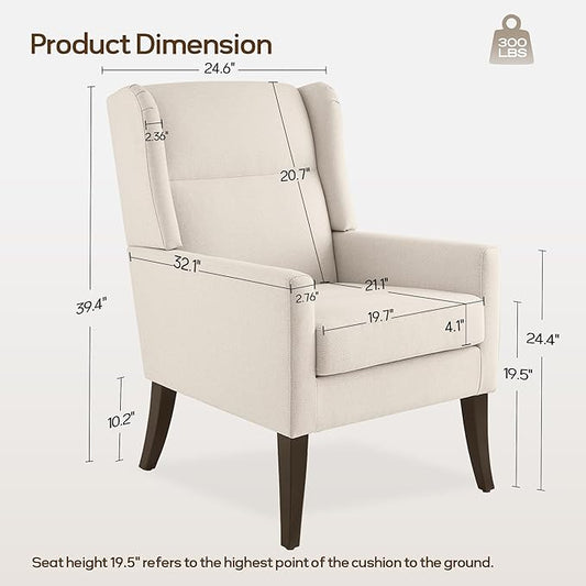 High Back Living Room Chairs, Fabric Accent Chair, Comfy Upholstered Armchair with Wooden Legs for Living Room, Bedroom, Apartment (1, Beige)
