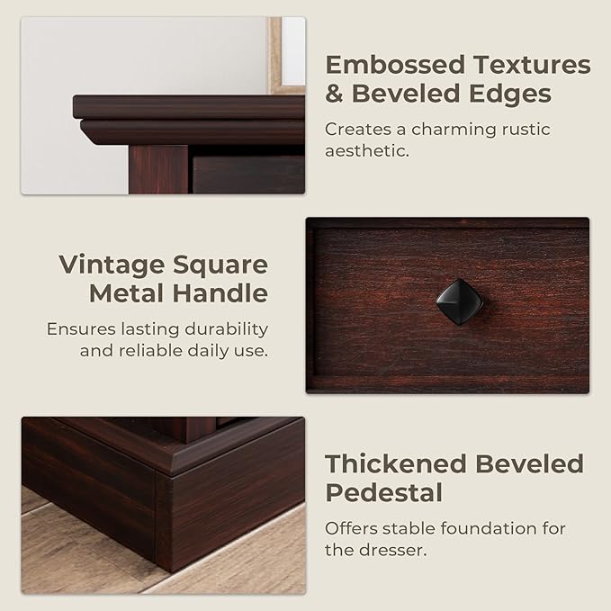 Farmhouse 6 Drawer Dresser for Bedroom, 54" Wide Wood Dresser with Natural Texture, Rustic Chest of Drawers for Bedroom with Vintage Metal Hands, for Living Room, Hallway, Cherry