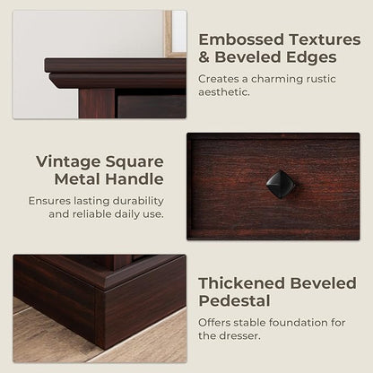 Farmhouse 6 Drawer Dresser for Bedroom, 54" Wide Wood Dresser with Natural Texture, Rustic Chest of Drawers for Bedroom with Vintage Metal Hands, for Living Room, Hallway, Cherry