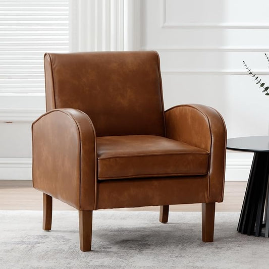 Mid Century Modern Armchair Brown Faux Leather Accent Chair with Arm Comfy Chairs Reading Chair Sofa Chair for Living Room, Rubber Wood Legs
