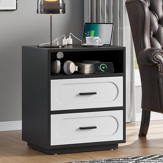 Nightstands Set of 2 with Charging Station, 25.8" Tall Wide Bedside Table with 2 Storage Drawers & Open Shelf, Mid Century Modern Wood End Table for Bedroom, Living Room, Black/White