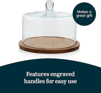 Libbey Acacia Wood Cake Stand with Dome Lid, Ball Top Handle Cake Holder with Lid, Covered Cake Stand, Durable Glass Dome Cover