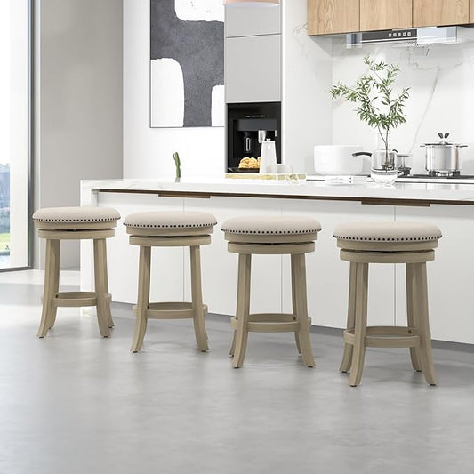 COSTWAY 360° Swivel Bar Stools Set of 4, 26.5-inch Height Upholstered Round Barstools with Wooden Frame, Seat and Footrest, Backless Solid Wood Counter Stools for Kitchen Island Bistro Pub, Beige