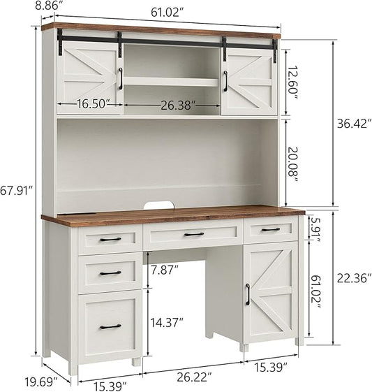 Farmhouse 67" H Executive Desk with Hutch,Office Desks with 5 Drawers, Computer Desk with Storage Cabinet & File Drawers and Charging Station, Wood Workstation for Home Office,Study.(Unique White).