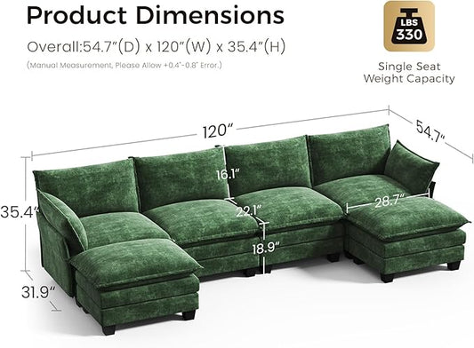 KKL 120" Modular Sectional Sofa, U-Shaped 6 Seater Convertible L-Shaped Cloud Couch with Ottoman, Chenille Modern Sectional Couches for Living Room, Apartment, Green