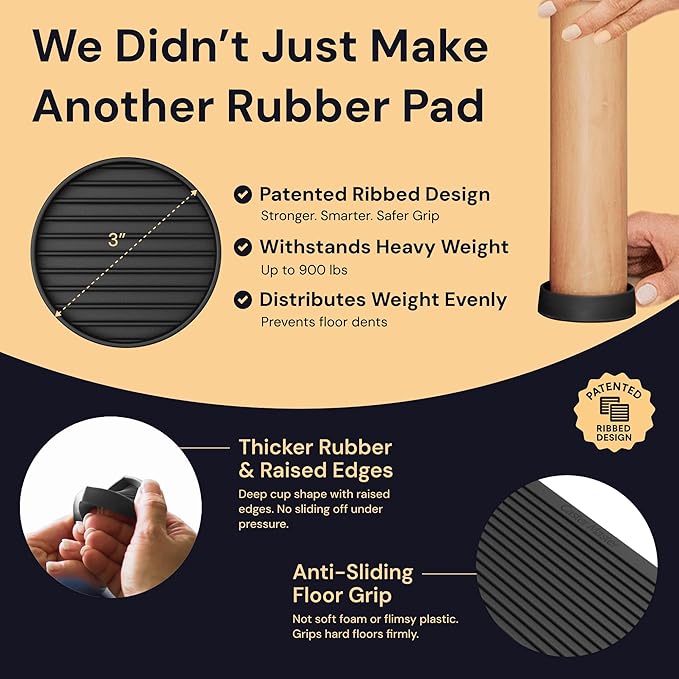 CasterMaster Non Slip Furniture Pads for Hardwood Floors - 3x3 Black Round Caster Cups - Rubber Feet for Furniture - Anti Slip Couch Stoppers to Prevent Sliding - Floor Protectors (Set of 4)