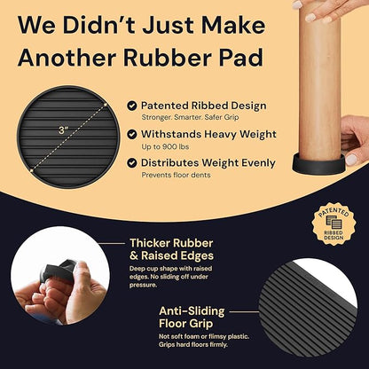 CasterMaster Non Slip Furniture Pads for Hardwood Floors - 3x3 Black Round Caster Cups - Rubber Feet for Furniture - Anti Slip Couch Stoppers to Prevent Sliding - Floor Protectors (Set of 4)