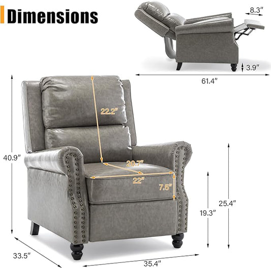 Faux Leather Recliner Chair, Modern Pushback Armchair with Adjustable Backrest & Footrest for Bedroom, Living Room-Grey, 1 SEAT