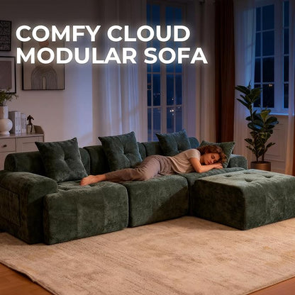 129.23”Modular Sectional Couch for Living Room, Modren L-Shape Cloud Sectional 4-Seater Sofa with 2 Movable Ottomans, Woven Texture Upholstery Boneless Couch, No Assembly, Green