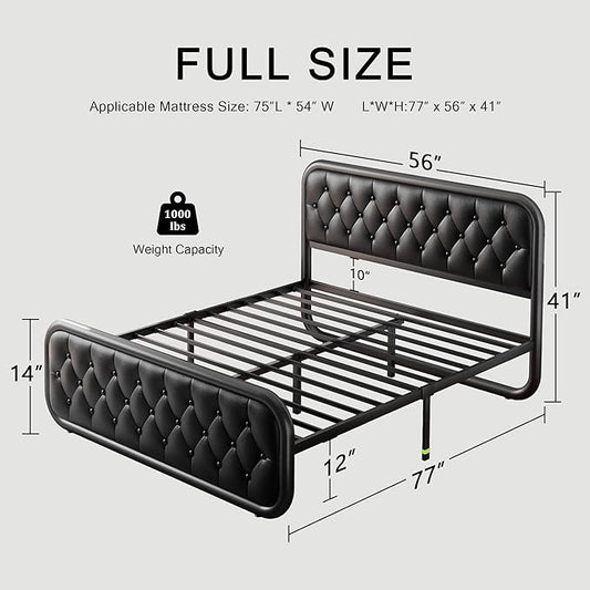 Full Size Metal Bed Frame with Button Tufted Leather Upholstered Headboard and Footboard, U-Shape Support Foundation, No Box Spring Required, Black