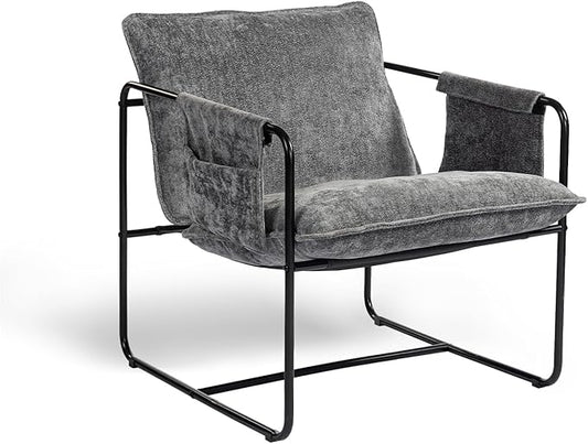 Modern Accent Chair Comfortable Living Room Chairs with Armrests, Bedroom Reading Chair, Chenille Upholstered Lounge Metal Chair